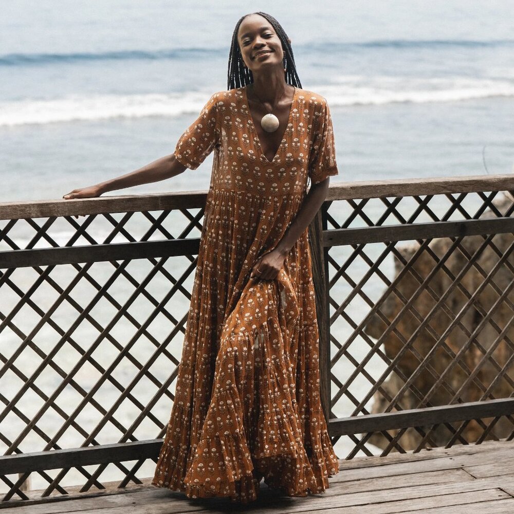 Daughters of India Chaaya Brown Floral Maxi Dress